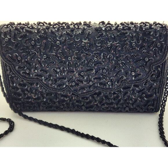 PURSE-HANDBAG-BIJOUX TERNER-Black-Beaded-Beaded Strap-Snap Closure-Clutch - Picture 3 of 15